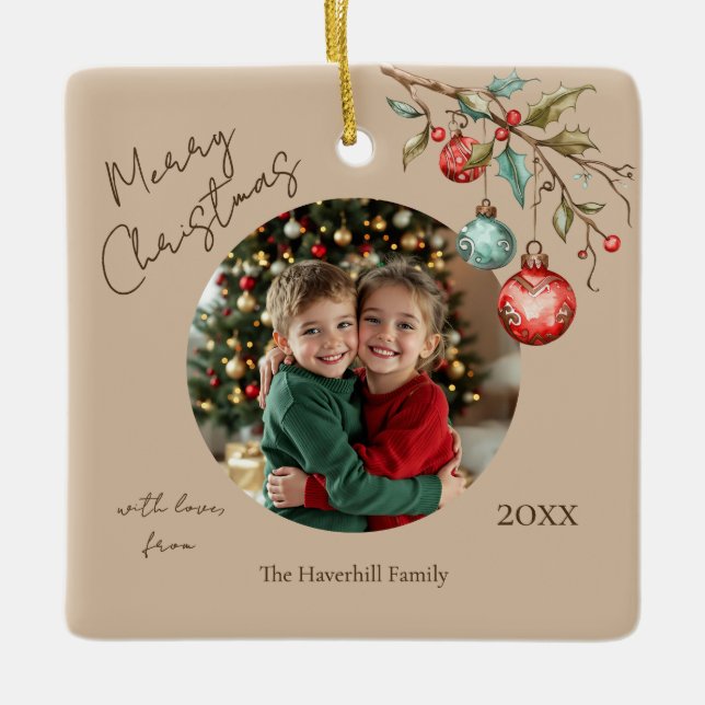 Keepsake Photo Elegant Watercolor Christmas  Ceramic Ornament (Front)