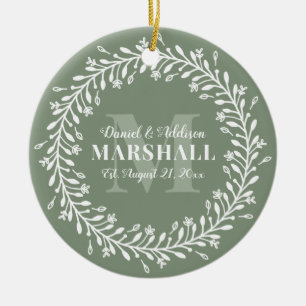 Keepsake Photo Newlywed Couple Green Monogram Ceramic Tree Decoration