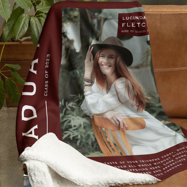 Keepsake Photo & Quote Graduation Gift Burgundy  Fleece Blanket (Creator Uploaded)