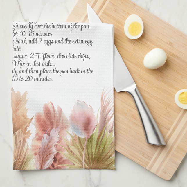 Keepsake Recipe Gift Elegant Boho Pampas Grass Tea Towel (Quarter Fold)