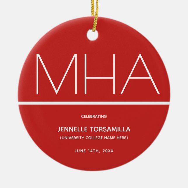 Keepsake Red MHA degree Graduation Ceramic Tree Decoration (Front)