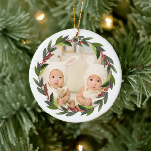 Keepsake Twins First Christmas Wreath Photo Ceramic Tree Decoration