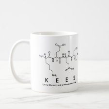 Mug featuring the name Kees spelled out in the single letter amino acid code