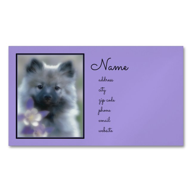 Keeshond and Columbine  - Dog Photograph Magnetic Business Card (Front)