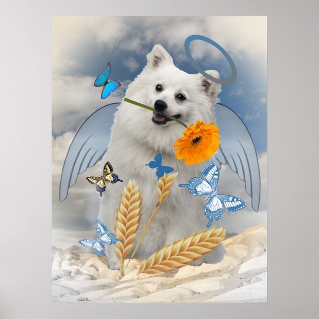 Keeshond Angel Stands With Butterflies art Poster (Front)