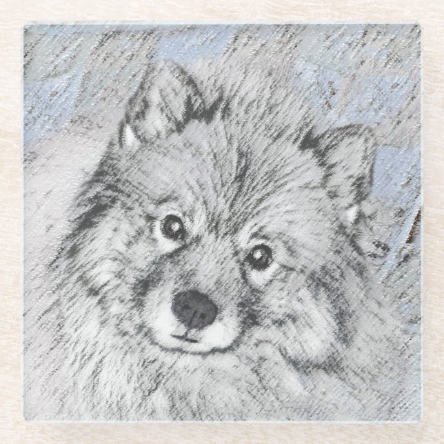 Keeshond Beth Painting - Cute Original Dog Art Glass Coaster (Front)