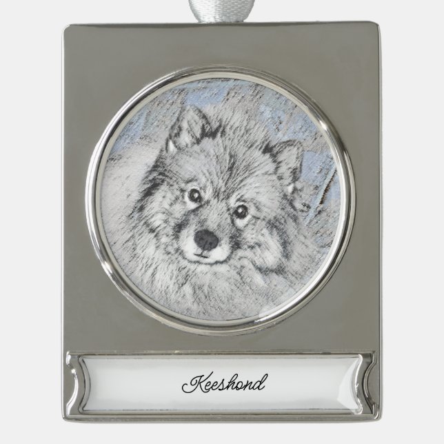 Keeshond Beth Painting - Cute Original Dog Art Silver Plated Banner Ornament (Front)