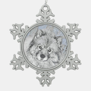 Keeshond Beth Painting - Cute Original Dog Art Snowflake Pewter Christmas Ornament