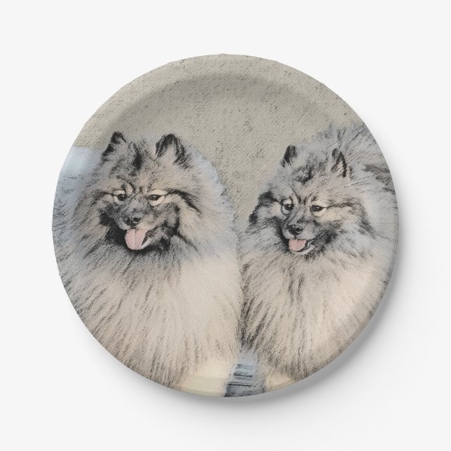 Keeshond Brothers Painting - Original Dog Art Paper Plate (Front)