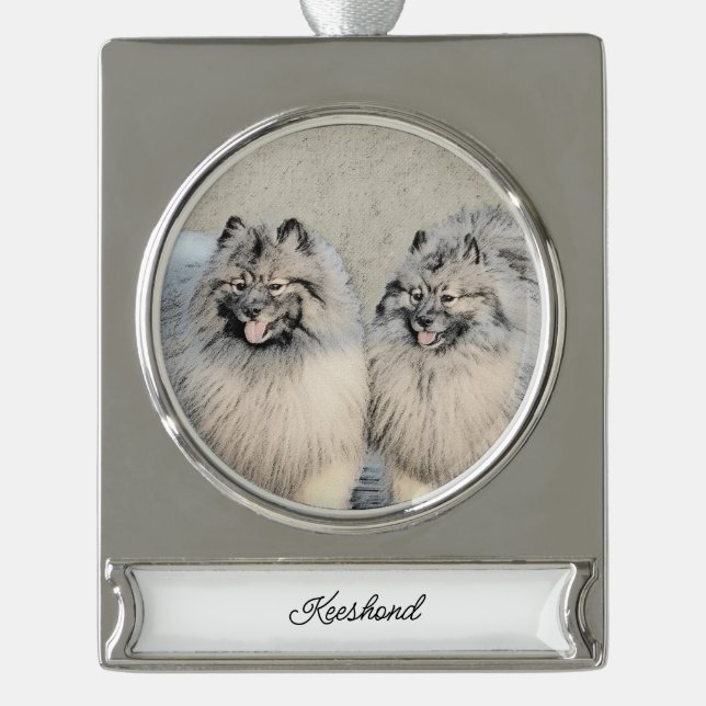 Keeshond Brothers Painting - Original Dog Art Silver Plated Banner Ornament (Front)
