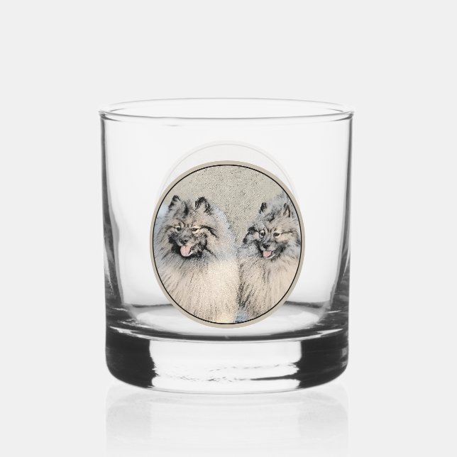 Keeshond Brothers Painting - Original Dog Art Whiskey Glass (Front)