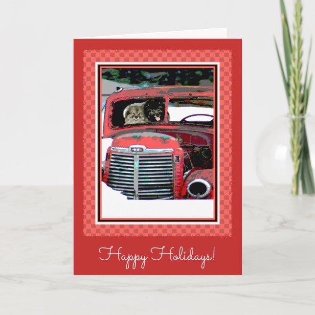 Keeshond Christmas Old Truck Painting Dog Art Card (Front)