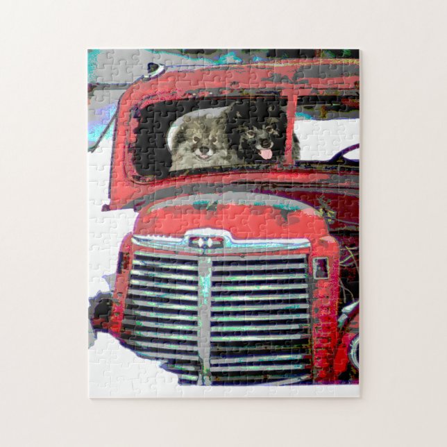 Keeshond Christmas Old Truck Painting Dog Art Jigsaw Puzzle (Vertical)