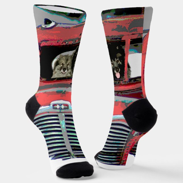 Keeshond Christmas Old Truck Painting Dog Art Socks (Angled)