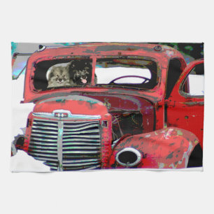 Keeshond Christmas Old Truck Painting Dog Art Tea Towel