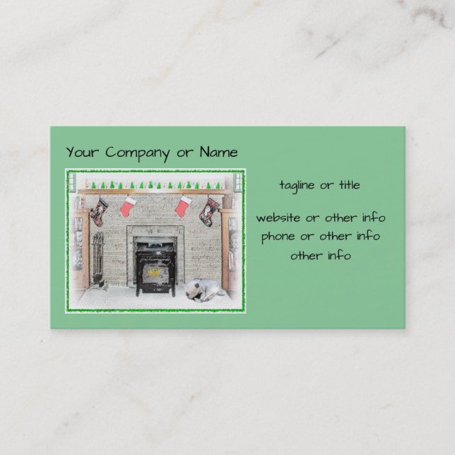 Keeshond Christmas Puppy Dog by Fireplace Painting Business Card (Front)