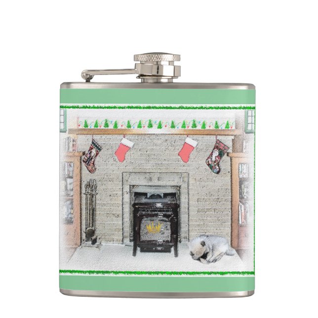 Keeshond Christmas Puppy Dog by Fireplace Painting Hip Flask (Front)