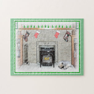 Keeshond Christmas Puppy Dog by Fireplace Painting Jigsaw Puzzle