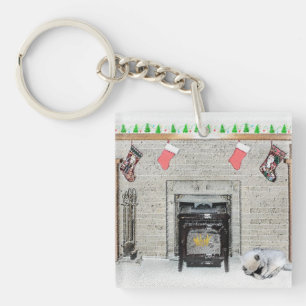 Keeshond Christmas Puppy Dog by Fireplace Painting Key Ring