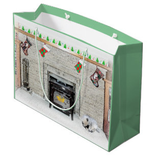 Keeshond Christmas Puppy Dog by Fireplace Painting Large Gift Bag