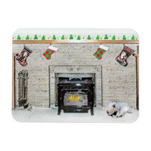 Keeshond Christmas Puppy Dog by Fireplace Painting Magnet