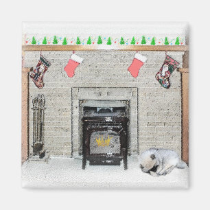 Keeshond Christmas Puppy Dog by Fireplace Painting Magnet