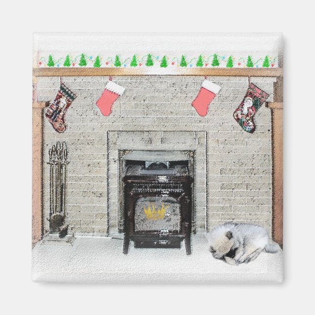 Keeshond Christmas Puppy Dog by Fireplace Painting Magnet (Front)