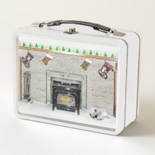 Keeshond Christmas Puppy Dog by Fireplace Painting Metal Lunch Box