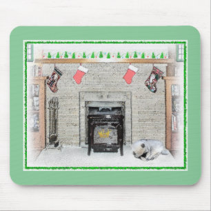 Keeshond Christmas Puppy Dog by Fireplace Painting Mouse Mat