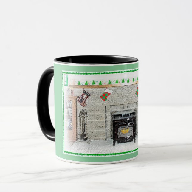 Keeshond Christmas Puppy Dog by Fireplace Painting Mug (Front Left)