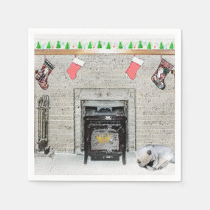 Keeshond Christmas Puppy Dog by Fireplace Painting Napkin