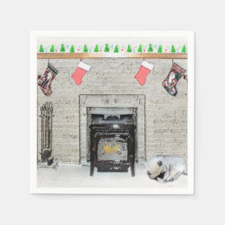 Keeshond Christmas Puppy Dog by Fireplace Painting Napkin