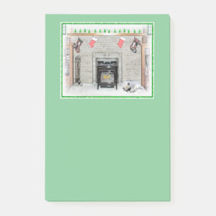 Keeshond Christmas Puppy Dog by Fireplace Painting Post-it Notes