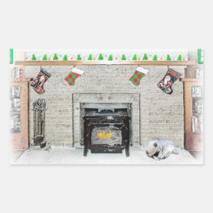 Keeshond Christmas Puppy Dog by Fireplace Painting Rectangular Sticker