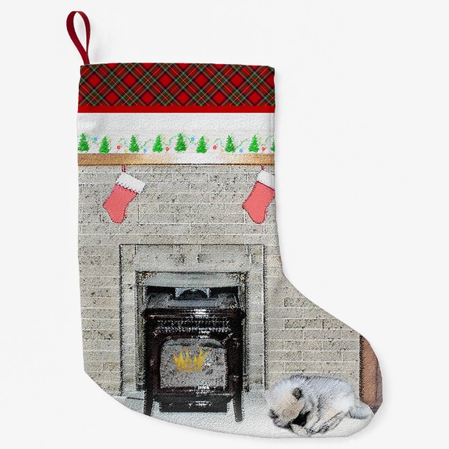 Keeshond Christmas Puppy Dog by Fireplace Painting Small Christmas Stocking (Front)