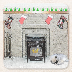 Keeshond Christmas Puppy Dog by Fireplace Painting Square Paper Coaster