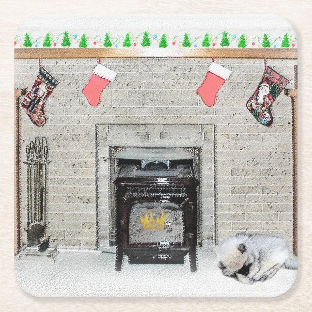 Keeshond Christmas Puppy Dog by Fireplace Painting Square Paper Coaster (Front)
