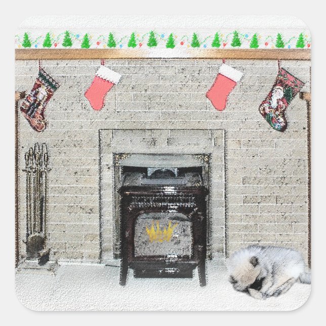 Keeshond Christmas Puppy Dog by Fireplace Painting Square Sticker (Front)