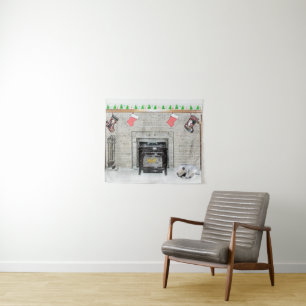 Keeshond Christmas Puppy Dog by Fireplace Painting Tapestry