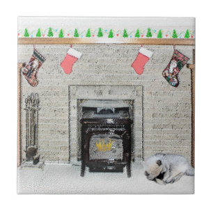 Keeshond Christmas Puppy Dog by Fireplace Painting Tile