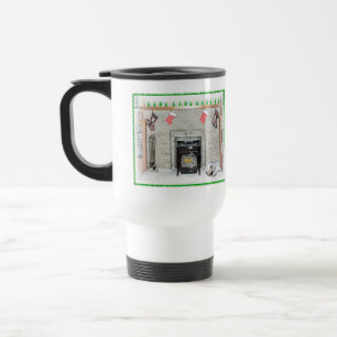 Keeshond Christmas Puppy Dog by Fireplace Painting Travel Mug