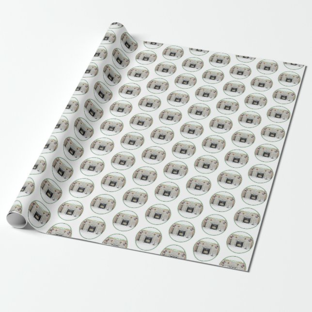 Keeshond Christmas Puppy Dog by Fireplace Painting Wrapping Paper (Unrolled)