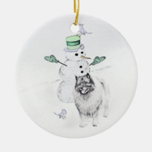 Keeshond Christmas Snowman Painting Dog Art Ceramic Tree Decoration