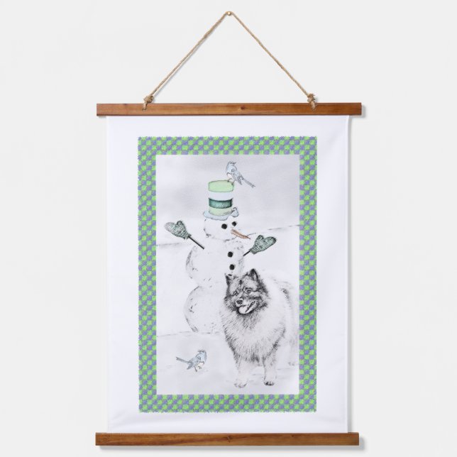 Keeshond Christmas Snowman Painting Dog Art Hanging Tapestry (Front)