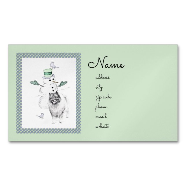 Keeshond Christmas Snowman Painting Dog Art Magnetic Business Card (Front)