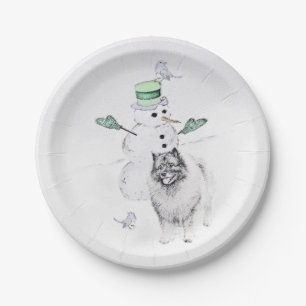 Keeshond Christmas Snowman Painting Dog Art Paper Plate