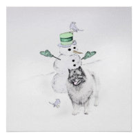 Keeshond Christmas Snowman Painting Dog Art