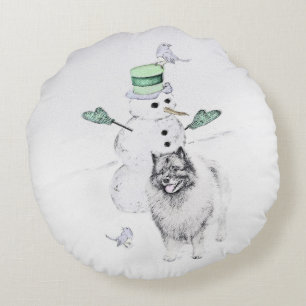 Keeshond Christmas Snowman Painting Dog Art Round Cushion