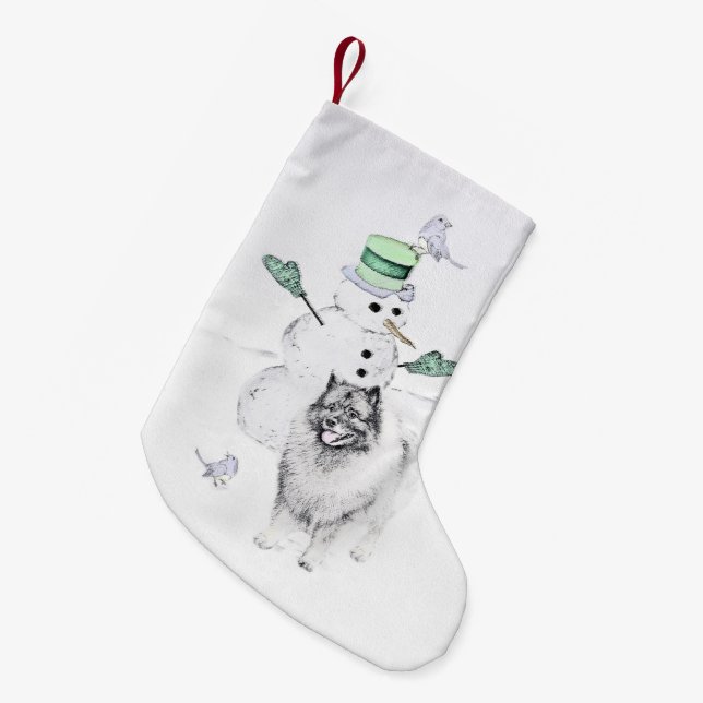 Keeshond Christmas Snowman Painting Dog Art Small Christmas Stocking (Front (Hanging))