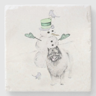 Keeshond Christmas Snowman Painting Dog Art Stone Coaster